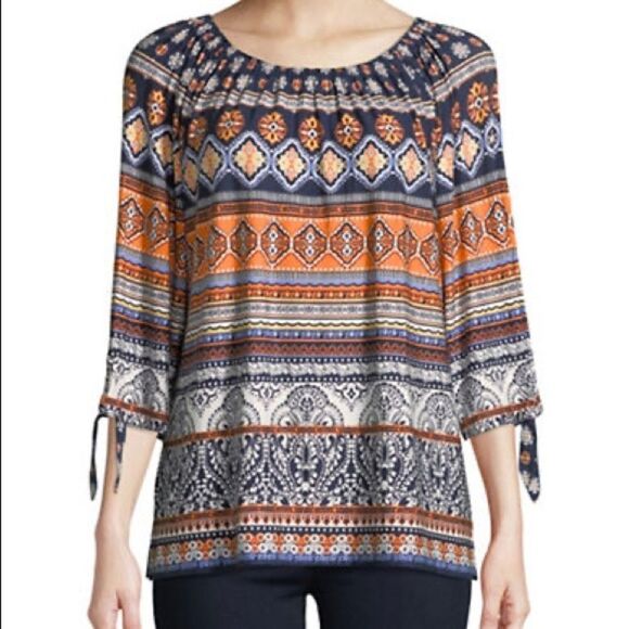 Ruby Rd Patterned Scoop Neck Blouse-ORANGE-Small - Picture 1 of 2